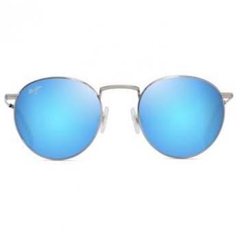 Maui Jim Pukaua Polarized Sunglasses for Men, Silver Round Metal Frame, 50mm Blue Mirrored Lenses