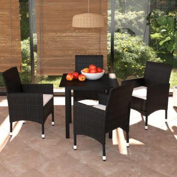 5-Piece Black Poly Rattan Garden Dining Set with Cushions