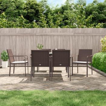 7 Piece Outdoor Dining Set with Cushions in Poly Rattan and Steel