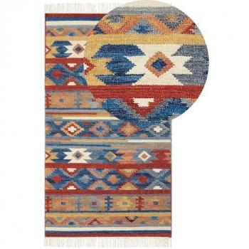 Alfombra de Lana Multicolor Kilim 80 x 150 cm Tejida a Mano Motivo Étnico