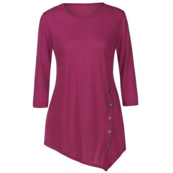 SHOBDW Mujeres de Manga Larga Suelta botón Trim Blusa de Color sólido Cuello Redondo túnica Camiseta