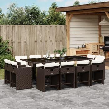 13-Piece Brown Poly Rattan Garden Dining Set with Cushions