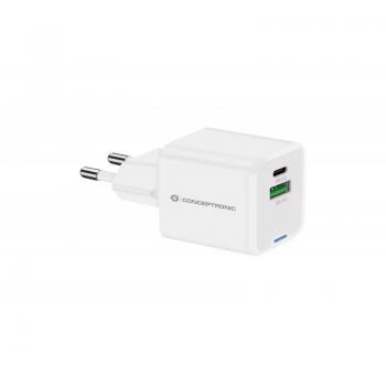 Cargador de pared Conceptronic ALTHEA15W 20W Blanco USB-C x1 USB-A x1 QuickCharge 3.0 GaN PPS Carga rápida Corriente alterna Interior