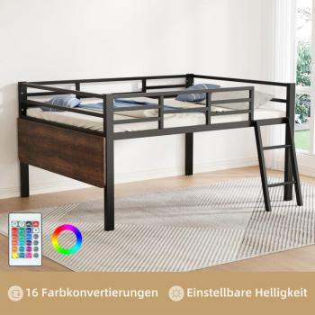 Litera 140x200 cm con barandilla, escalera, escritorio, mando a distancia, tira de luz LED, cama de metal color negro