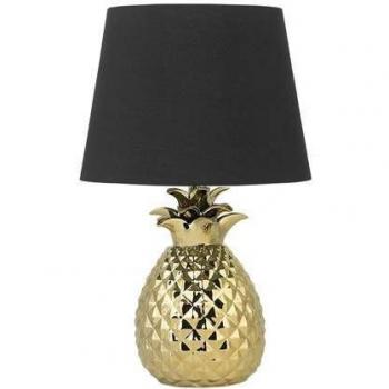 Lámpara de mesa decorativa piña dorada con base cerámica negra y pantalla de poliéster diseño ecléctico