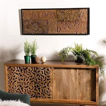 Decoración de pared rectangular en madera de teca reciclada con motivo gráfico 43x123