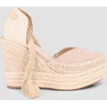 Alpargatas de cuña de mujer beige en sintético con punta redonda y sujeción de cordones