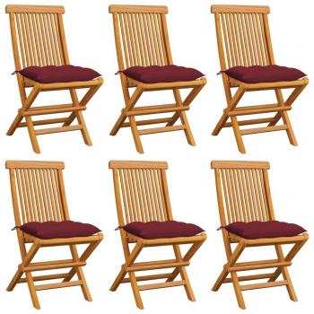 Teak Garden Chairs Set with Wine Red Cushions - 6 Pieces