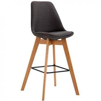 Taburete Metz Tapizado en Tela Gris Oscuro con Base de Madera Natural y Reposapiés