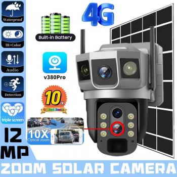 Cámara Solar PTZ 10X Zoom 12MP 6K con Detección de Movimiento, Visión Nocturna, Vigilancia de Seguridad, Tarjeta SIM 4G, Lente Dual y 3 Pantallas CCTV