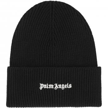 Palm Angels Men's Ribbed Knit Beanie Hat in Black | PMLC030F23KNI0031001 Color BLACKWHITE, Beanie with logo, Black male, Size: ONE SIZE