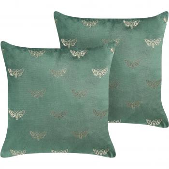 Conjunto de 2 cojines decorativos de terciopelo verde esmeralda con patrón de mariposas, 45 x 45 cm, funda removible con relleno