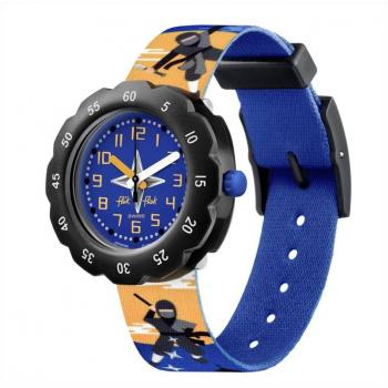 Reloj Flik Flak Ninjamazing para niño de PET reciclado azul y amarillo con estampados