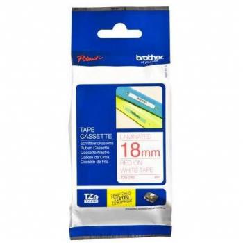 Cinta Brother TZe242 Laminada con Texto en Rojo sobre Fondo Blanco de 18mm x 8m