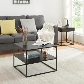 Mesa de Centro Cuadrada Solund con Estante de Acero 60x60x45cm - Negro Mate Diseño Industrial