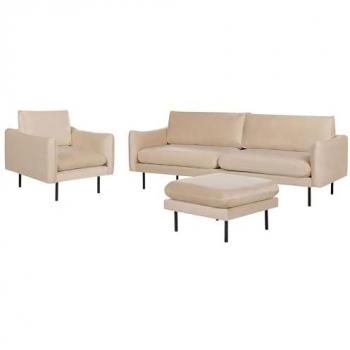 Conjunto de sala de estar 3 plazas con otomana en terciopelo beige y patas negras, estilo retro moderno