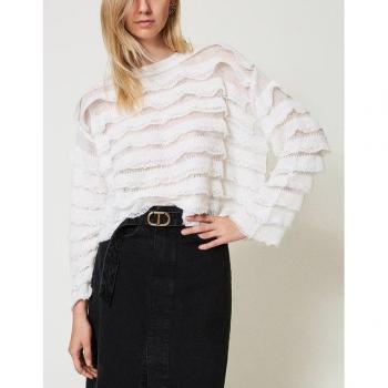 Women's Oversized Round-Neck White Knit Sweater with Lace Ruffle Detail, Size S