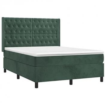 Cama Box Spring con Colchón y LED en Terciopelo Verde Oscuro 140x190cm