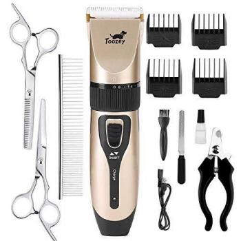 Toozey Cortapelos Perros Profesional para Cabello Grueso/Largo/Corto/Rizado - Kit de Maquina Cortar Pelo Perros de Silencioso Inalámbrico Recargable para Todas Las Mascotas, E-book, Oro