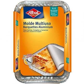 Albal Aluminio 31x21x4 Centímetros con Tapa | Desechables | Cocinar, Congelar y Conservar Alimentos | 4-6 Porciones | 2 Moldes