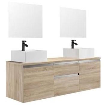 Mueble de baño suspendido JIMENA II con doble lavabo y espejos - Natural claro - 150 cm