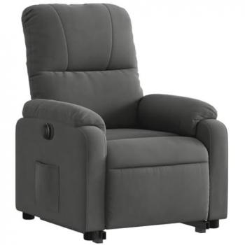 Sillón eléctrico reclinable elevable de microfibra gris oscuro, ideal para personas mayores, con respaldo y diseño orejero