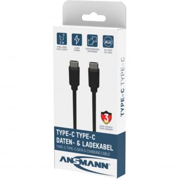Cable de datos y carga ANSMANN USB-C, conector USB-C, longitud 2,0 m, carcasa de plástico TPE sin PVC y aluminio, diseño robusto con alivio de tensión integrado