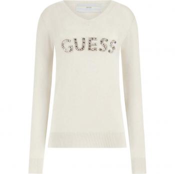 Guess Women's V-Neck Embellished Sweater, White, Size L