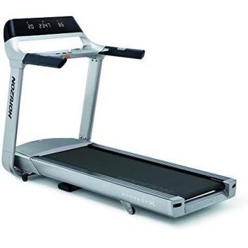 Cinta de correr plegable Horizon Fitness Paragon X con diseño compacto, motor potente, múltiples programas de entrenamiento, pantalla LCD, conectividad Bluetooth, y sistema de amortiguación