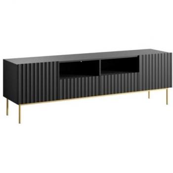 Mueble TV EVILANA con 2 puertas, 2 cajones y 2 estantes de MDF y acero - Negro y dorado