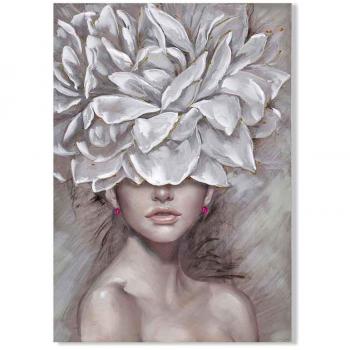 Cuadro Mujer Tocado Flores Gris de Pintura 100x3x70cm - Signes Grimalt By SIGRIS