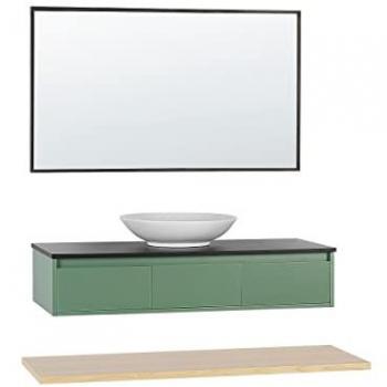 Conjunto de Muebles de Baño Beliani Zaragoza 4 Piezas: Armario de Madera Clara MDF Verde, Tocador con Lavabo de Cerámica y Espejo