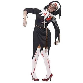 Smiffys Disfraz de monja zombi con sangre, Negro, con vestido, herida de látex, cinturón