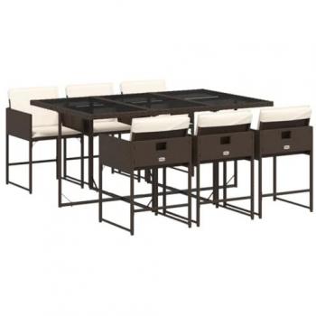 Set comedor de jardín 7 pzas con cojines ratán sintético marrón