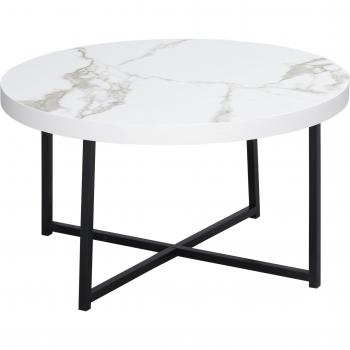 Mesa de Centro Redonda con Encimera Símil Mármol y Marco de Metal 80x80x45 cm Blanco