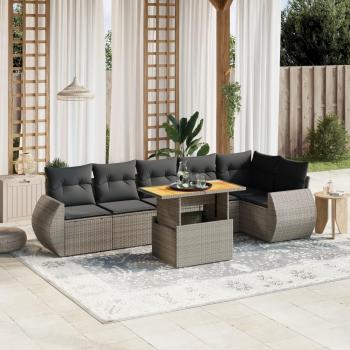 7-Piece Grey Poly Rattan Garden Sofa Set with Cushions