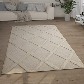 Alfombra Salón Pelo Largo Shaggy Efecto 3D Étnica Boho Vintage Suave 120x160 cm, Color Crema, Diseño Moderno con Rauten y Altura de 34 mm
