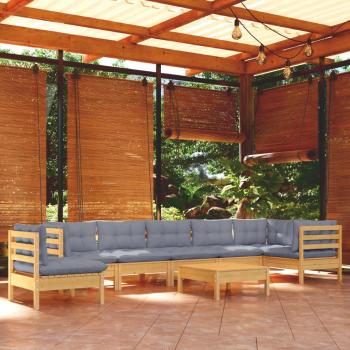 9-Piece Solid Pinewood Garden Lounge Set with Gray Cushions