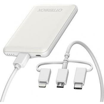 OtterBox Power Bank 5000 mAh con Salida USB-A y Micro-USB 10W + Cable 3 en 1 de 1m, Blanco