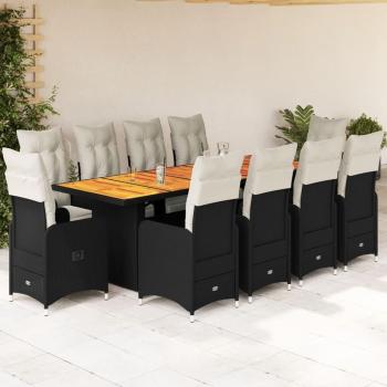 11-Piece Black Poly Rattan Garden Bistro Set with Cushions