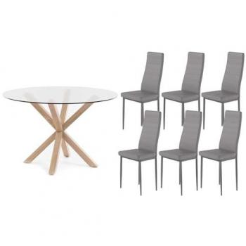 Pack Mesa Redonda de Cristal Templado + 6 Sillas de Polipiel/Metal Gris 120x75 cm