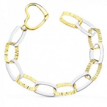 Pulsera Oro Bicolor 18k Mujer 22 Cm Eslabones Grandes Detalles Combinados Lisos Cierre Corazón
