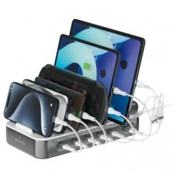 Estación de Carga 4smarts Team 100W con 5 Puertos USB-C y 1 Puerto USB-A, Incluye 6 Cables, Color Gris y Blanco