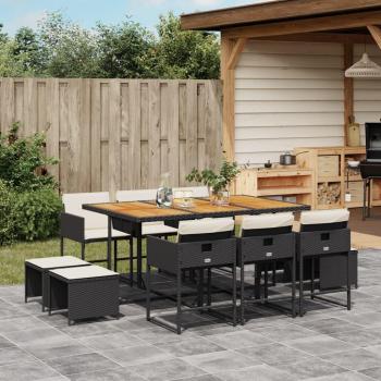 Set de comedor jardín 11 pzas con cojines ratán sintético negro