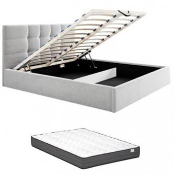 Cama arcón 140 x 190 cm - Tela gris + colchón ELIAVA