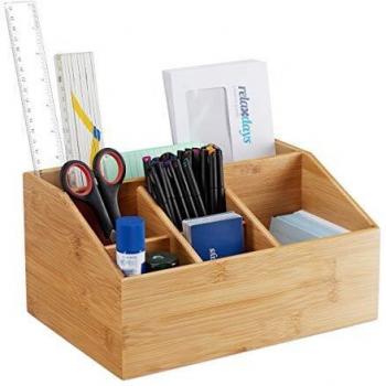 Organizador de Escritorio de Bambú, 6 Compartimentos, con Portapenes y Soporte A5, 14x28x19.5 cm, Natural
