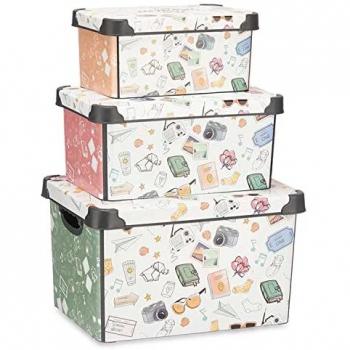 Pack de 3 Cajas de Almacenaje de Plástico con Tapa, Multiusos y Decoración Divertida - 22L, 17L y 10L (Recuerdos)