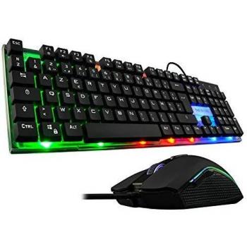 Combo Gaming G-LAB Zinc - Teclado Ergonomico AZERTY con Retroiluminación LED RGB + Ratón Gamer 6 Botones 2400 DPI USB