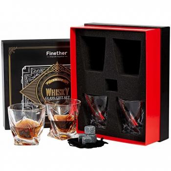 Finether Vasos de Whisky con Cubos de Hielo Reutilizables, Juego de 4 Vasos, 340ML/12.8 oz Vaso de Agua con Piedra, Vaso de Vidrio Transparente sin Plomo para Whisky, Cócteles, Jugo
