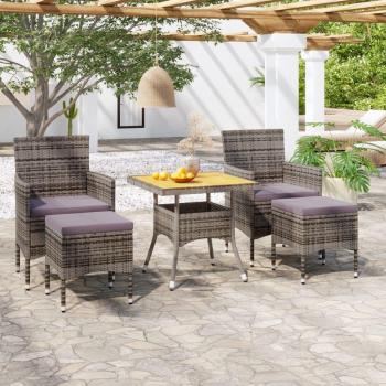 5-Piece Grey Poly Rattan and Solid Acacia Wood Garden Dining Set